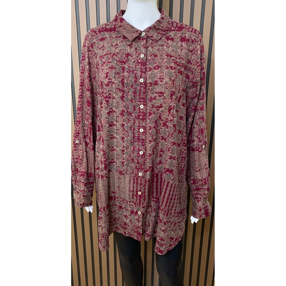 Khakis & Co Burgundy Geometric Patchwork Roll Tab Sleeve Tunic Shirt 2X